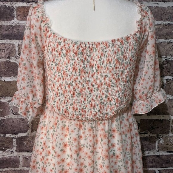 TEMOFON FLORAL SMOCKED SQUARE NECK BUBBLE SLEEVE TIERED MIDI DRESS MEDIUM - Picture 8 of 11